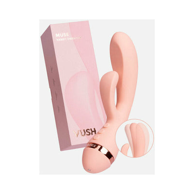 Blush pink VUSH Muse rabbit vibrator with dual stimulation arms and rose gold accent next to matching pink packaging box.