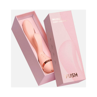 Pink VUSH Muse Rabbit Vibrator with control buttons in matching pink box with rose gold accents.