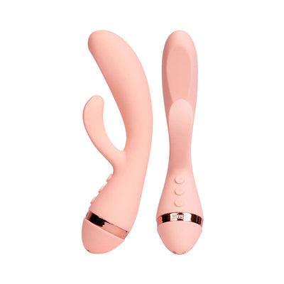 Blush pink VUSH Muse Rabbit Vibrator with dual stimulation arms and rose gold accent, shown from two angles.