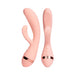 Blush pink VUSH Muse Rabbit Vibrator with dual stimulation arms and rose gold accent, shown from two angles.