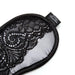 Silver satin blindfold with intricate black lace overlay and Fifty Shades of Grey branded tag on white background.