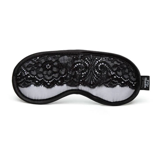 Black lace and silver satin blindfold from Fifty Shades of Grey Play Nice collection with soft padded edges.