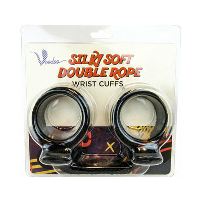 Black silky soft double rope wrist cuffs in clear plastic packaging with branded label and adjustable design.