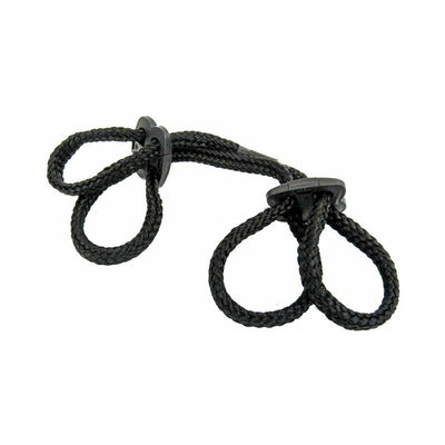 Black silky soft double rope wrist cuffs with adjustable plastic clasps and braided design.