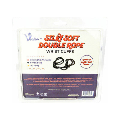 Packaging of Voodoo Silky Soft Double Rope Black Wrist Cuffs with product details and adjustable soft rope design.