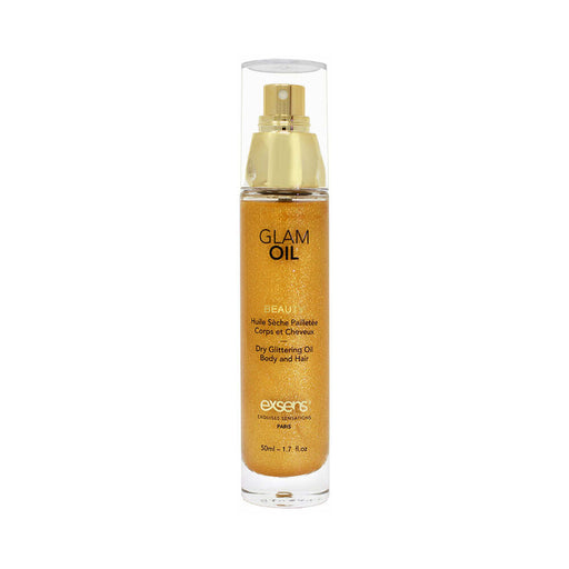 EXSENS of Paris Beauty Glam Oil in clear bottle with gold glitter and spray pump for body and hair.