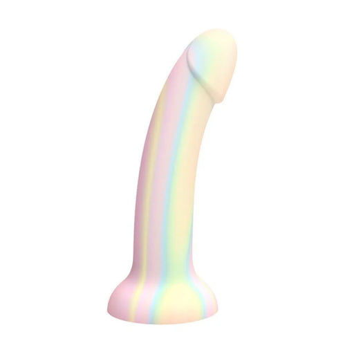 Glow-in-the-dark dildo with pastel rainbow stripes and suction cup base made of smooth silicone