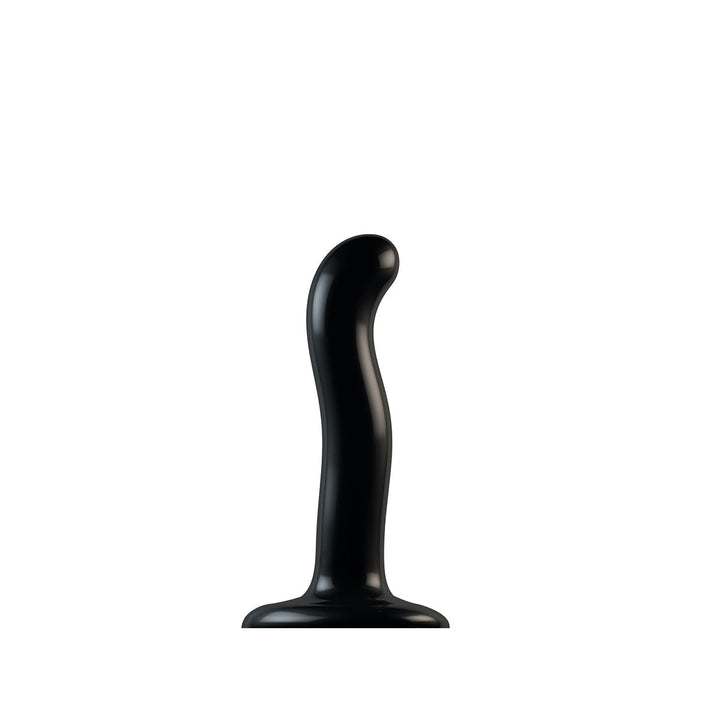 Black silicone dildo with ergonomic curved shape and suction cup base for hands-free use.