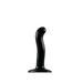 Black silicone dildo with ergonomic curved shape and suction cup base for hands-free use.