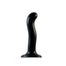 Black silicone dildo with ergonomic curved shape and suction cup base for hands-free use and targeted stimulation.