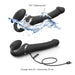 Large black bendable strap-on with USB charging cable, shown with water splash to highlight waterproof feature.