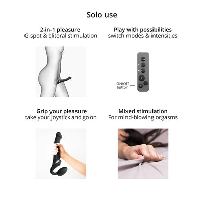 Diagram showing solo use of a bendable strap-on with remote control, hand holding the toy, and a person gripping bedsheets.