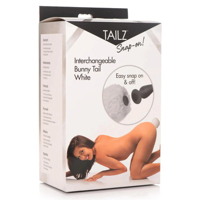 Packaging of SnapOn Tailz Interchangeable White Bunny Tail with image of a woman posing and snap-on feature illustration.