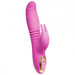 Pink silicone rabbit vibrator with textured thrusting shaft, dual motors, and gold-accented control buttons.