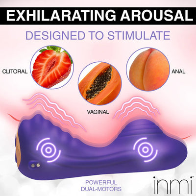 Purple silicone vibrator with dual motors designed for clitoral, vaginal, and anal stimulation, shown with fruit illustrations.