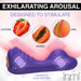 Purple silicone vibrator with dual motors designed for clitoral, vaginal, and anal stimulation, shown with fruit illustrations.