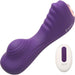 Purple textured silicone vibrator with ridges and remote control for customizable vibration settings.