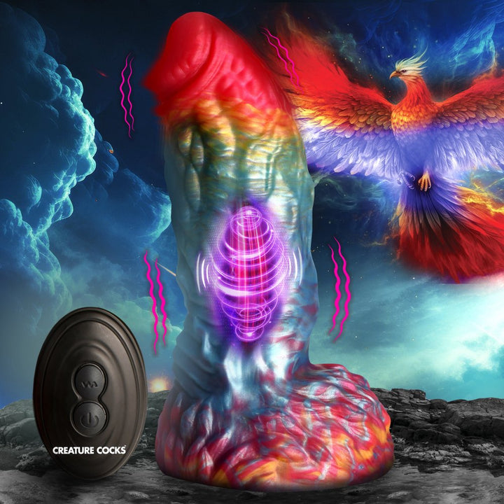 Iridescent rainbow-colored textured dildo with suction base and black remote, set against a fiery phoenix and cosmic background.
