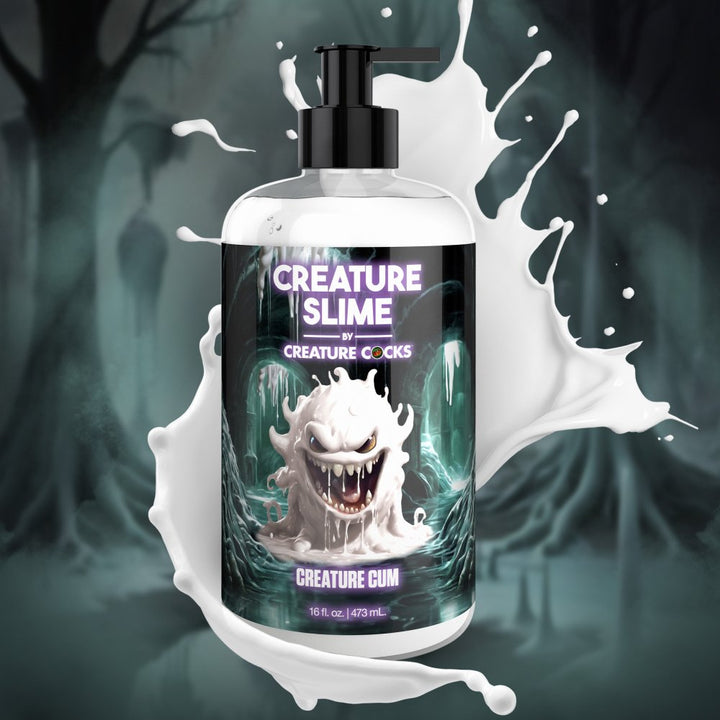 Bottle of Creature Slime unscented jizz lubricant with a black pump and monster-themed label on a dark, eerie background.