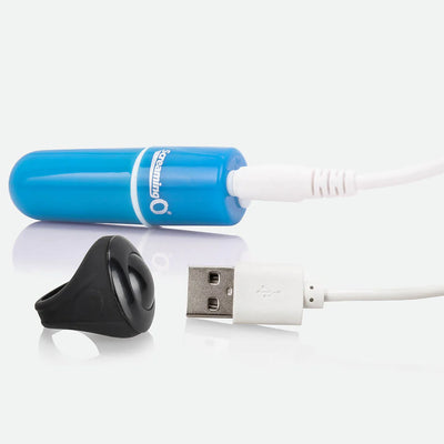 Blue bullet vibrator with USB charging cable and black remote control ring on white background.