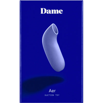 Dame Aer Air Pulse Stimulator in lavender on blue box packaging with minimalist design and product name Aer suction toy.