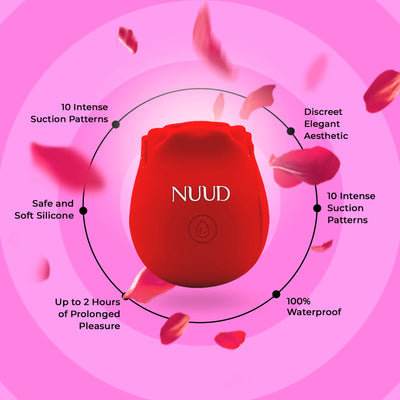 Red rose-shaped pulsing vibrator surrounded by rose petals with key features highlighted on a pink background.