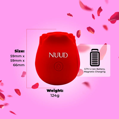 Red rose-shaped pulsing vibrator with size and weight details on a pink background with floating petals.