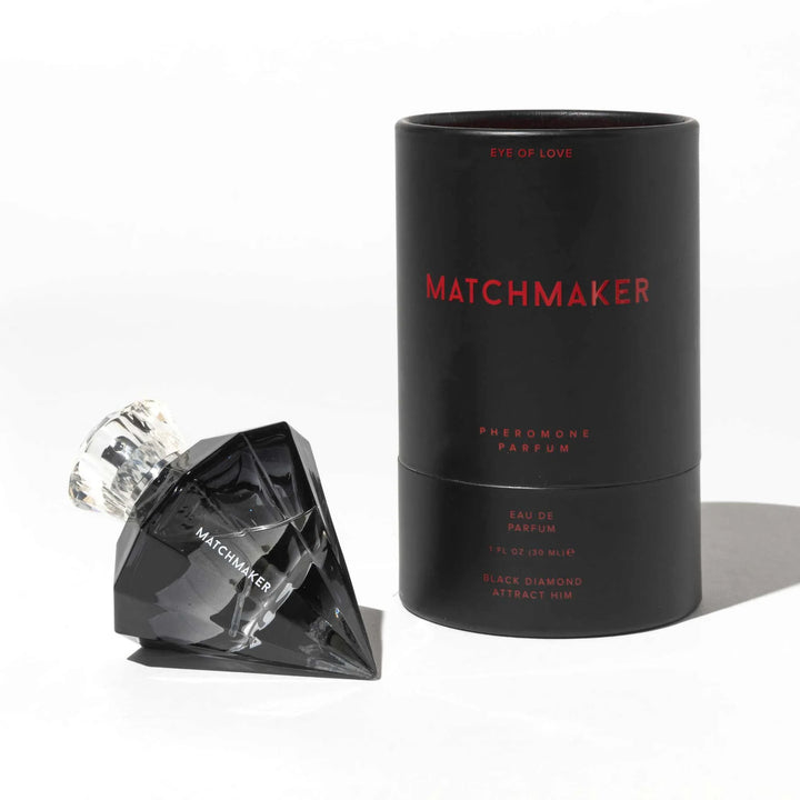 Eye of Love Matchmaker Black Diamond pheromone perfume in a black diamond-shaped bottle with matching black packaging.