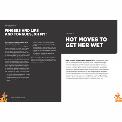 Open book spread showing introduction and chapter 3 titled Hot Moves to Get Her Wet with text on sexual techniques and tips.