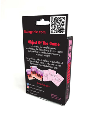 Back of Sex Crazed card game box with game description, social media icons, and card images on black background.