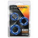 Blue Stay Hard beaded cock rings in three sizes displayed in clear packaging with black and orange background.