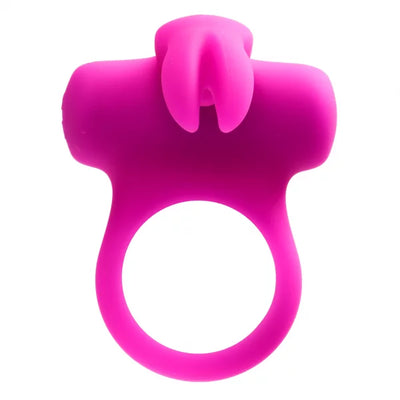 Bright pink silicone vibrating ring with bunny ear stimulator designed for couples' intimate use.