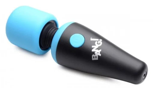 Compact black and blue BANG! 10X Vibrating Mini Wand with flexible neck and single button control.