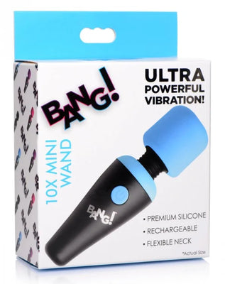 Packaging of BANG! 10X Mini Wand in black and blue with flexible neck and rechargeable, powerful vibration features.