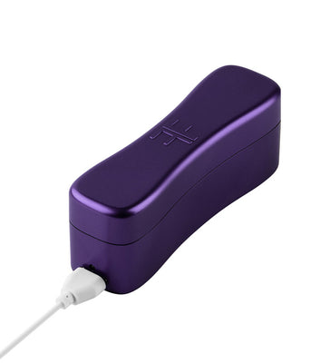 Purple USB charging case for Femme Funn Booster Bullet massager with sleek, curved design and embossed logo.