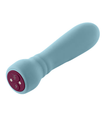 Compact blue silicone USB rechargeable massager with ergonomic shape and dual control buttons on the base.