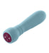 Compact blue silicone USB rechargeable massager with ergonomic shape and dual control buttons on the base.
