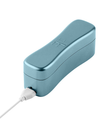 Metallic blue USB charging case for Femme Funn Booster Bullet massager with white charging cable connected.