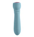 Compact blue silicone USB massager with ergonomic shape and a purple control button on top.