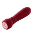 Compact red silicone USB rechargeable massager with dual control buttons and smooth ergonomic design.