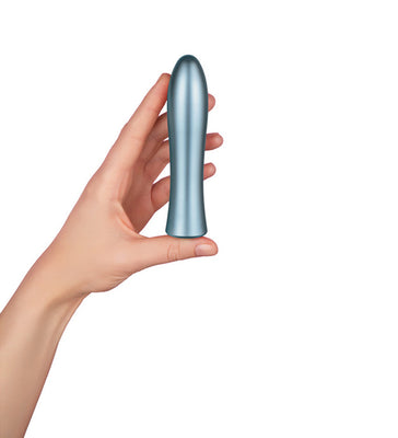 Hand holding a sleek blue anodized aluminum bullet vibrator with a smooth, tapered design.