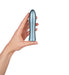 Hand holding a sleek blue anodized aluminum bullet vibrator with a smooth, tapered design.
