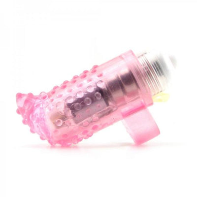 Pink textured finger vibrator with light-up feature and adjustable fit ring for enhanced sensory stimulation.