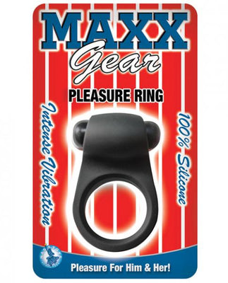 Black silicone vibrating ring packaged with red and white striped background, labeled Maxx Gear Pleasure Ring for him and her.