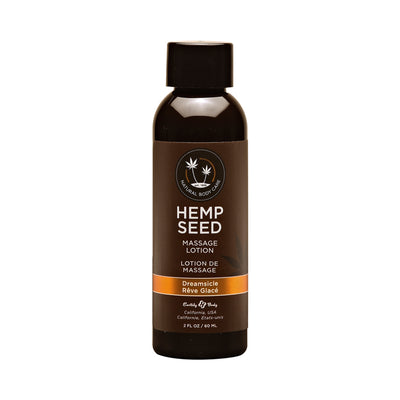 2 oz bottle of Earthly Body Hemp Seed Massage Lotion in Dreamsicle scent with brown label and black cap