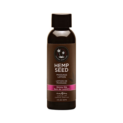 2 oz bottle of Earthly Body Hemp Seed Massage Lotion in Skinny Dip scent with brown label and black cap