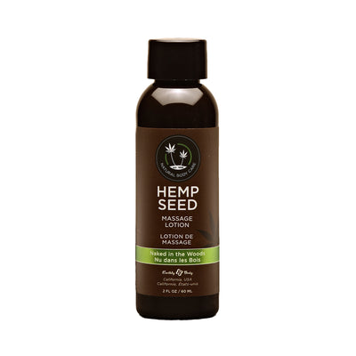 2 oz bottle of Earthly Body Hemp Seed Massage Lotion in Naked in the Woods scent with brown label and black cap