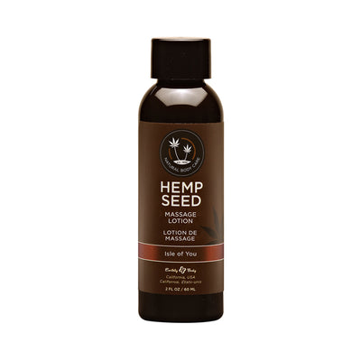 2 oz bottle of Earthly Body Hemp Seed Massage Lotion in Isle of You scent with brown label and black cap