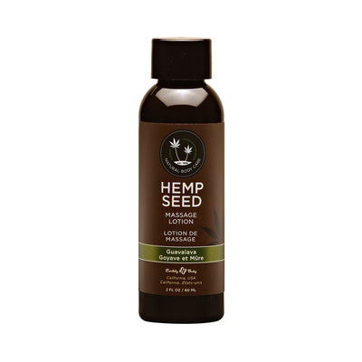 2 oz bottle of Earthly Body Hemp Seed Massage Lotion in Guavalava scent with brown label and black cap