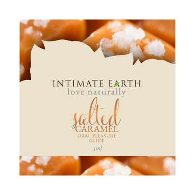 Intimate Earth Salted Caramel oral pleasure glide label with caramel and sea salt background.
